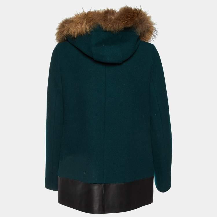 Pre Owned Sandro Green Wool Blend Detachable Fur Hooded Zip-Up Coat M