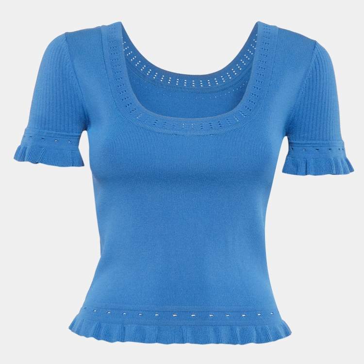 Pre Owned Sandro Blue Stretch Knit Eyelet Quincy Top S