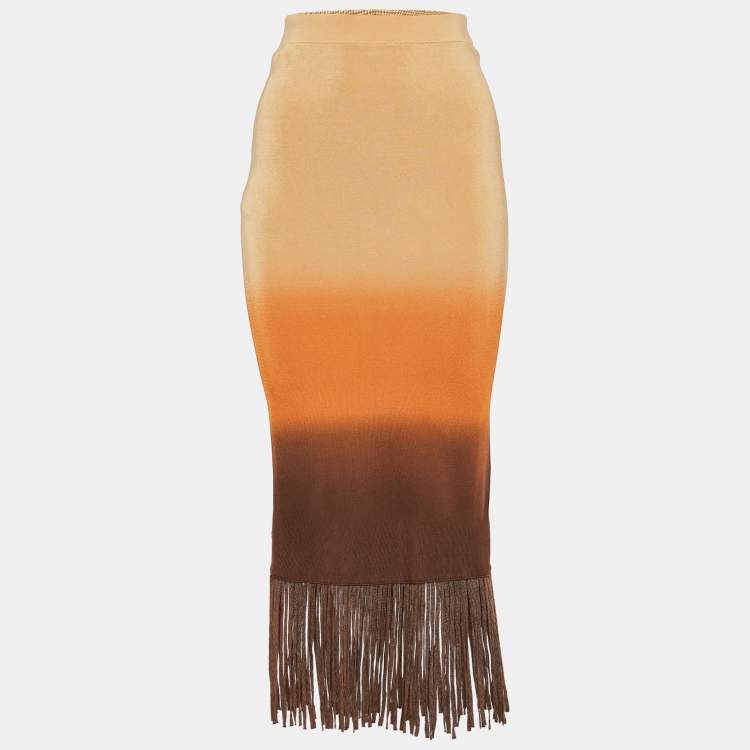 Pre Owned Sandro Beige/Orange Ombre Stretch Knit Fringed Midi Skirt S