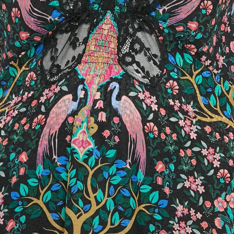 Pre Owned Sandro Multicolor Printed Crepe Jacquard Lace Trim Detail Midi Dress S