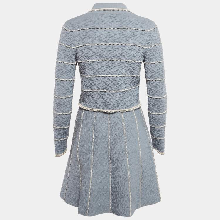 Pre Owned Sandro Blue Textured Stripe Stretch Knit Cardigan and Skirt Set S