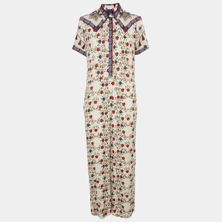 Pre Owned Sandro Cream Floral Print Crepe Button Front Jumpsuit L