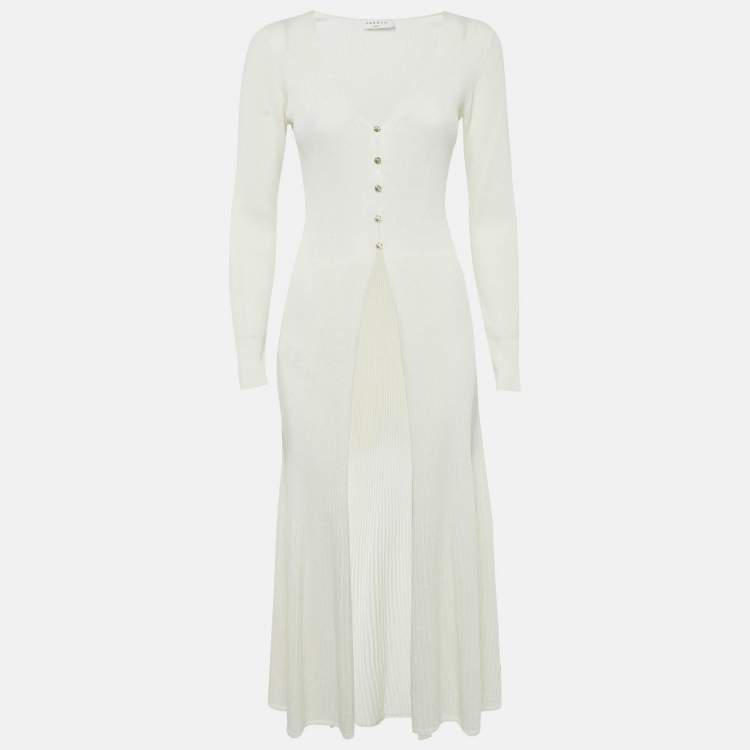 Pre Owned Sandro Off-White Rib Knit Cotton Blend Button Front Midi Dress M