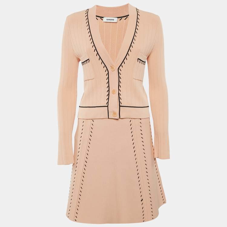 Pre Owned Sandro Peach Contrast Stitch Stretch Knit Eglantine Skirt and Cardigan Set S/M