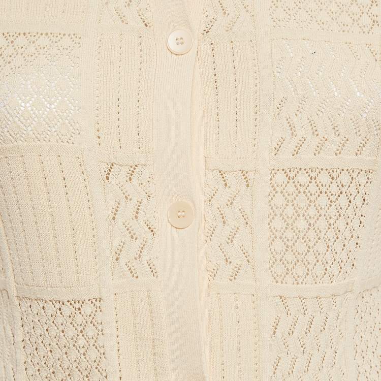 Pre Owned Sandro Beige Pointelle Knit Button Front Short Sleeve Shirt XS