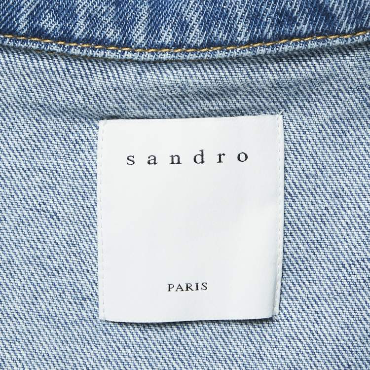 Pre Owned Sandro Blue/Multicolor Denim and Patterned Knit Button Front Jacket M