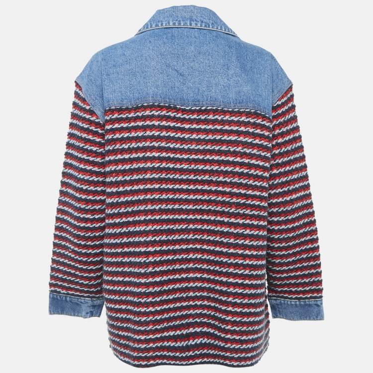 Pre Owned Sandro Blue/Multicolor Denim and Patterned Knit Button Front Jacket M