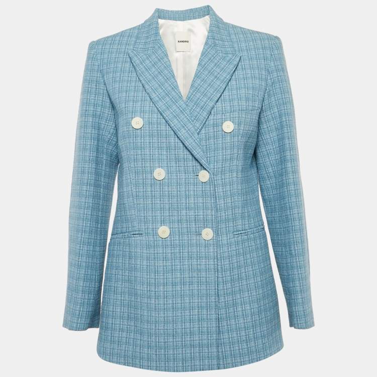Pre Owned Sandro Blue Tweed Double Breasted Blazer M