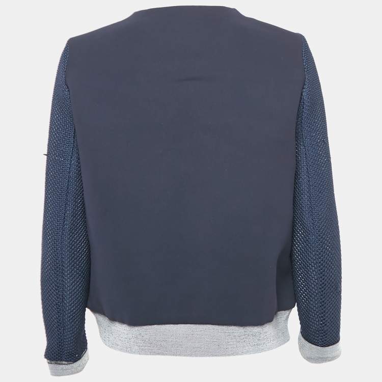 Pre Owned Sandro Navy Blue Crepe Zip-Up Contrast Trim Jacket L