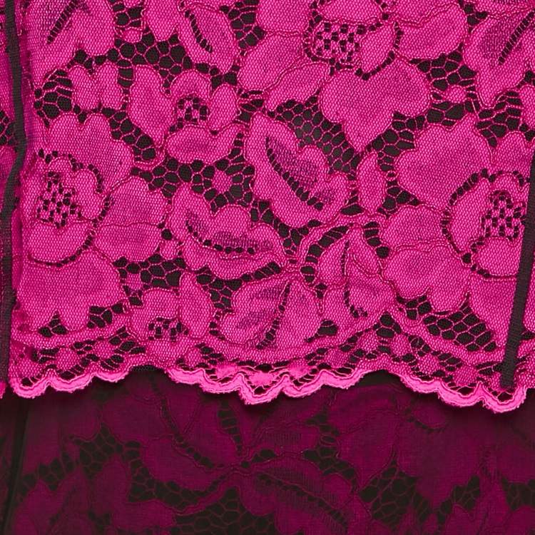 Pre Owned Sandro Pink Floral Lace Top and Skirt Set S/M