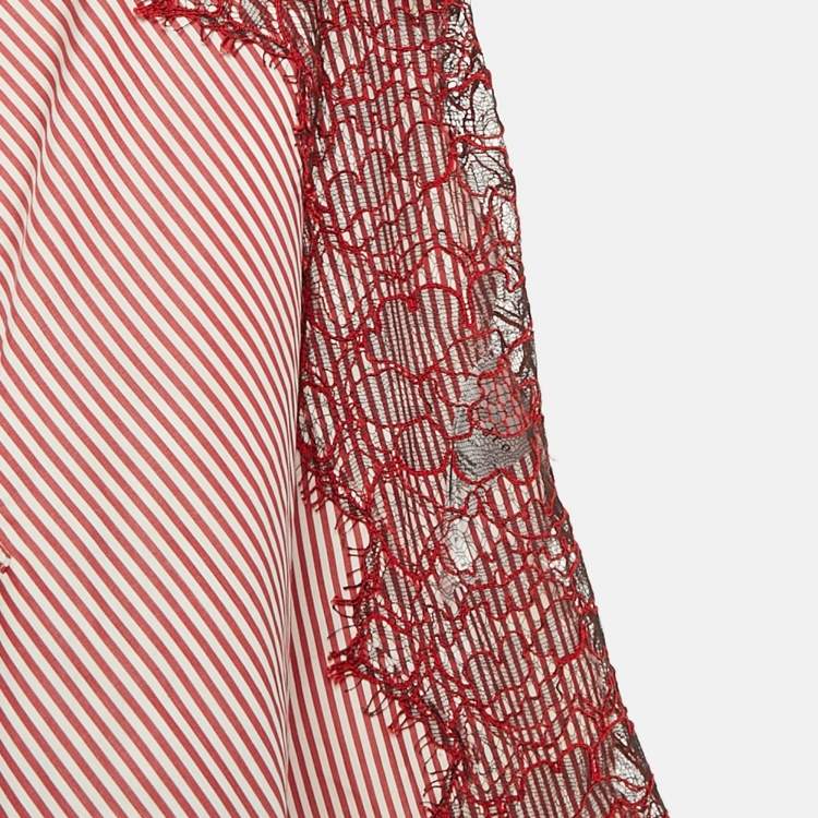 Pre Owned Sandro Red Stripe Cotton Lace Trimmed Top S