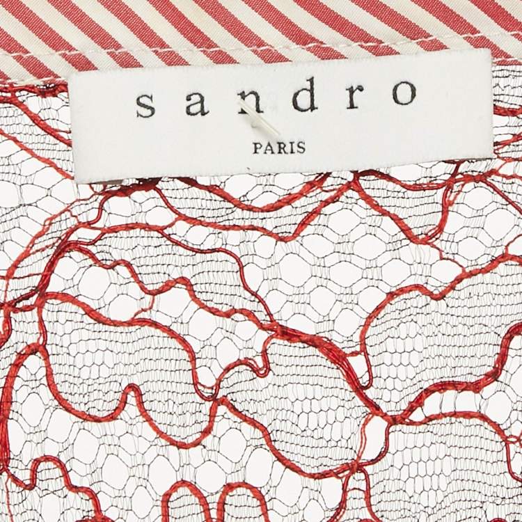 Pre Owned Sandro Red Stripe Cotton Lace Trimmed Top S
