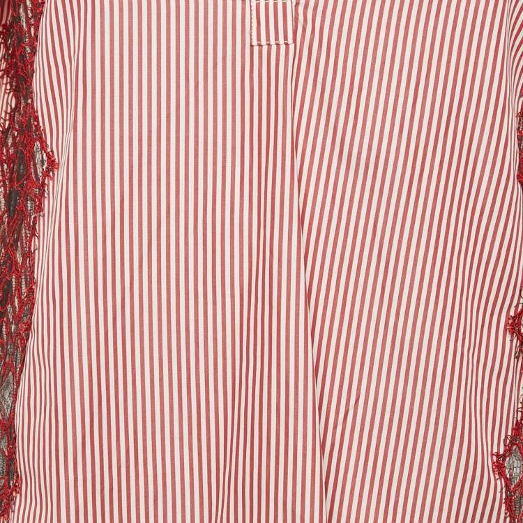 Pre Owned Sandro Red Stripe Cotton Lace Trimmed Top S
