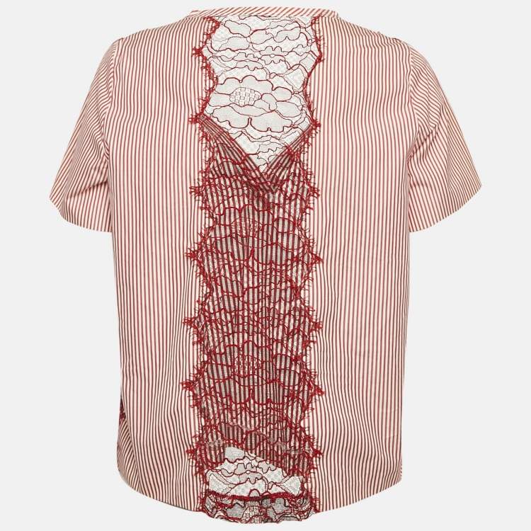 Pre Owned Sandro Red Stripe Cotton Lace Trimmed Top S