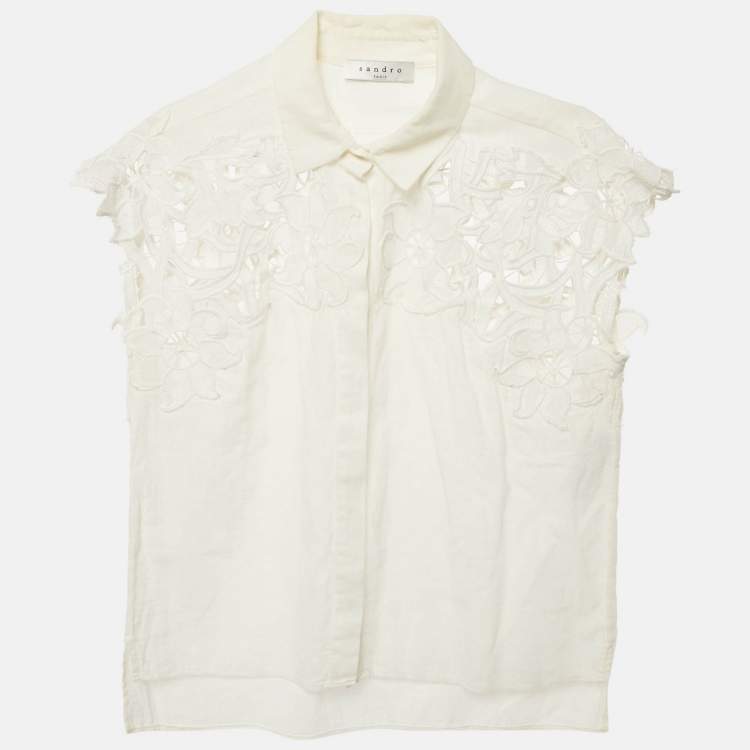 Pre Owned Sandro White Cotton Floral Lace Trimmed Button Front Blouse S