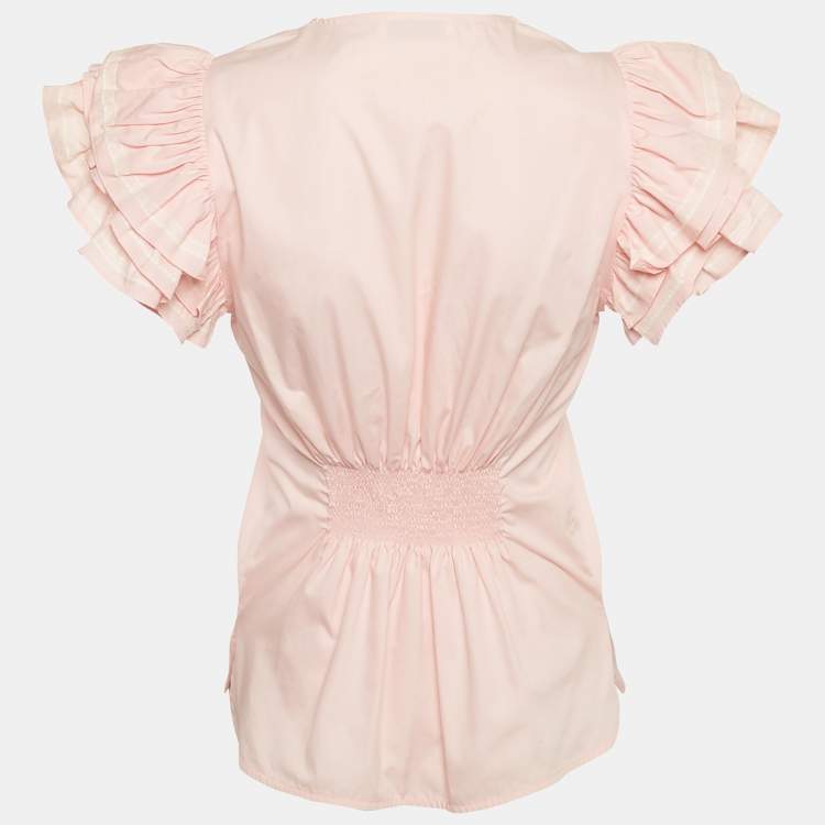 Pre Owned Sandro Pink Cotton Ruffled V-Neck Top S
