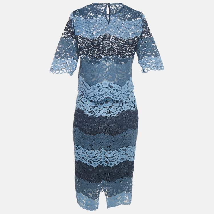 Pre Owned Sandro Blue Floral Lace Top and Skirt Set M/S