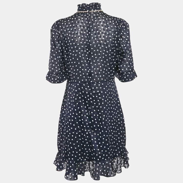 Pre Owned Sandro Navy Blue Polka Dots Lurex Chiffon Short Dress XL