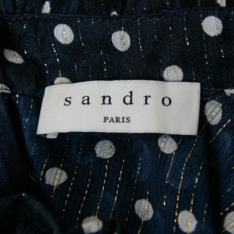 Pre Owned Sandro Navy Blue Polka Dots Lurex Chiffon Short Dress XL