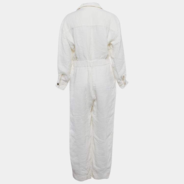 Pre Owned Sandro White Seersucker Long Sleeve Jumpsuit M