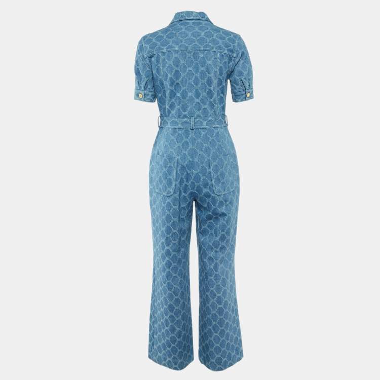 Pre Owned Sandro Blue Beehive Jacquard Denim Zip Up Jumpsuit M