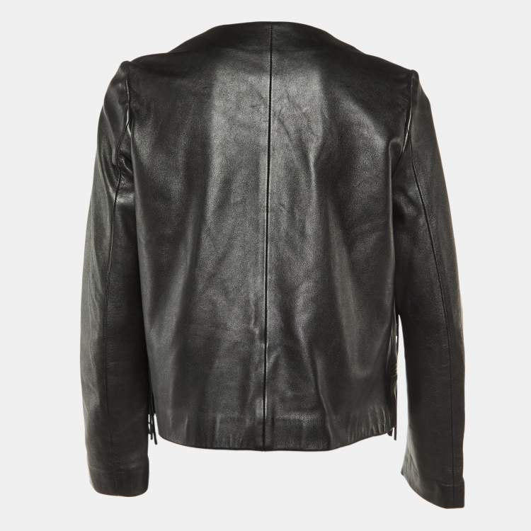 Pre Owned Sandro Black Leather Fringed Open Front Jacket L