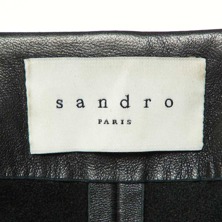 Pre Owned Sandro Black Leather Fringed Open Front Jacket L