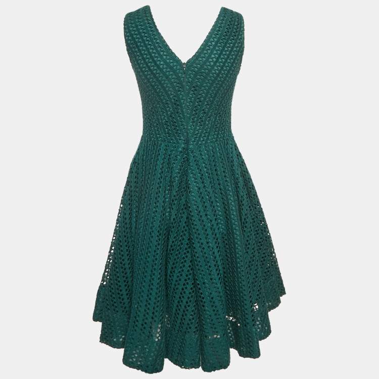 Pre Owned Sandro Green Crochet V-Neck Fit and Flare Mini Dress L