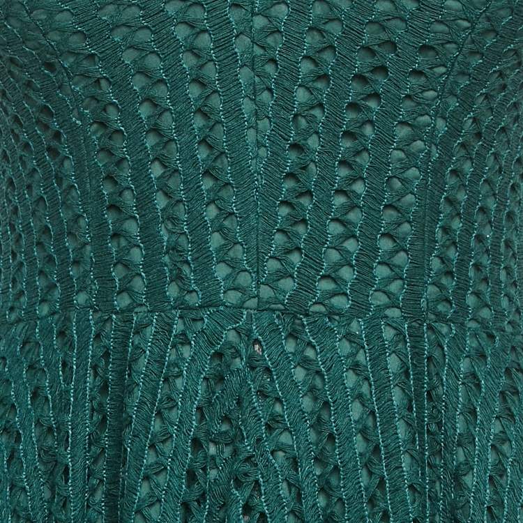 Pre Owned Sandro Green Crochet V-Neck Fit and Flare Mini Dress L