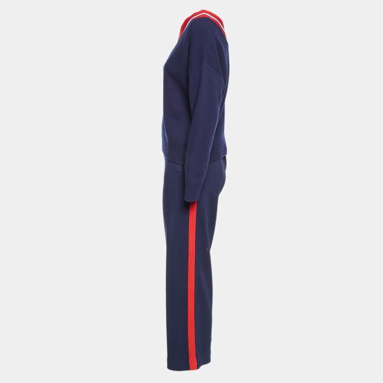 Pre Owned Sandro Navy Blue Wool Knit Stripe Detail Jumper & Trousers Set S