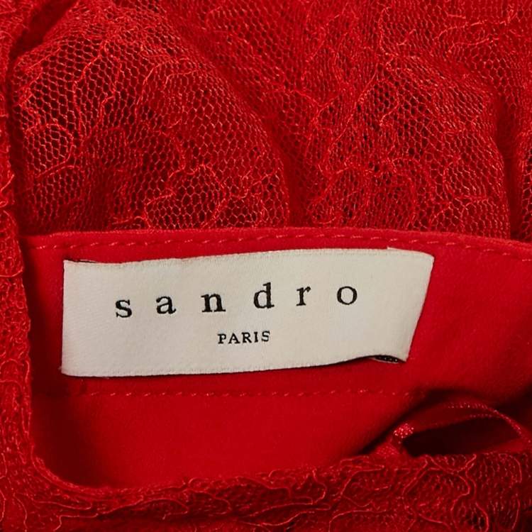 Pre Owned Sandro Red Lace and Textured Crepe Pleated Mini Dress XS