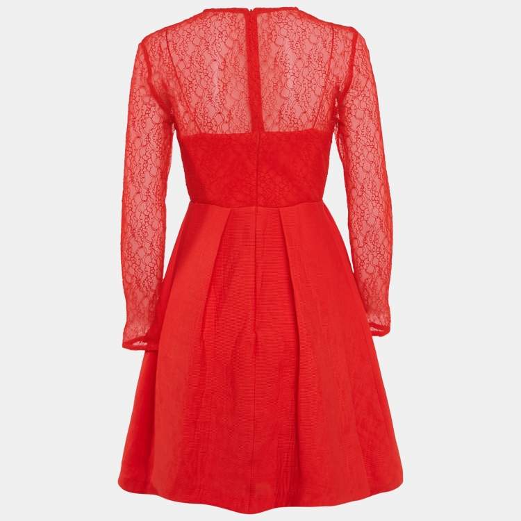 Pre Owned Sandro Red Lace and Textured Crepe Pleated Mini Dress XS