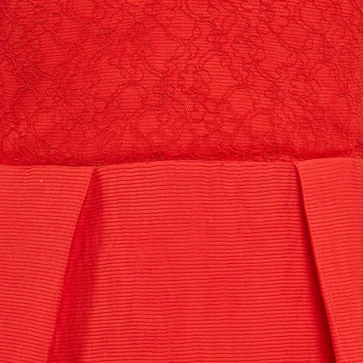 Pre Owned Sandro Red Lace and Textured Crepe Pleated Mini Dress XS