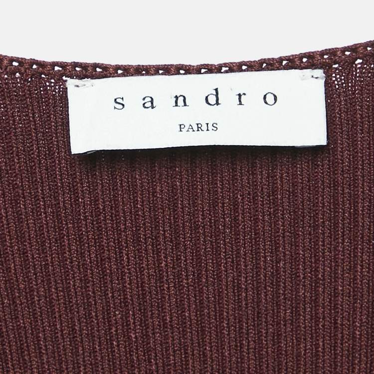 Pre Owned Sandro Burgundy Knit Pearl Detail Cuff Fit & Flare Otane Dress M
