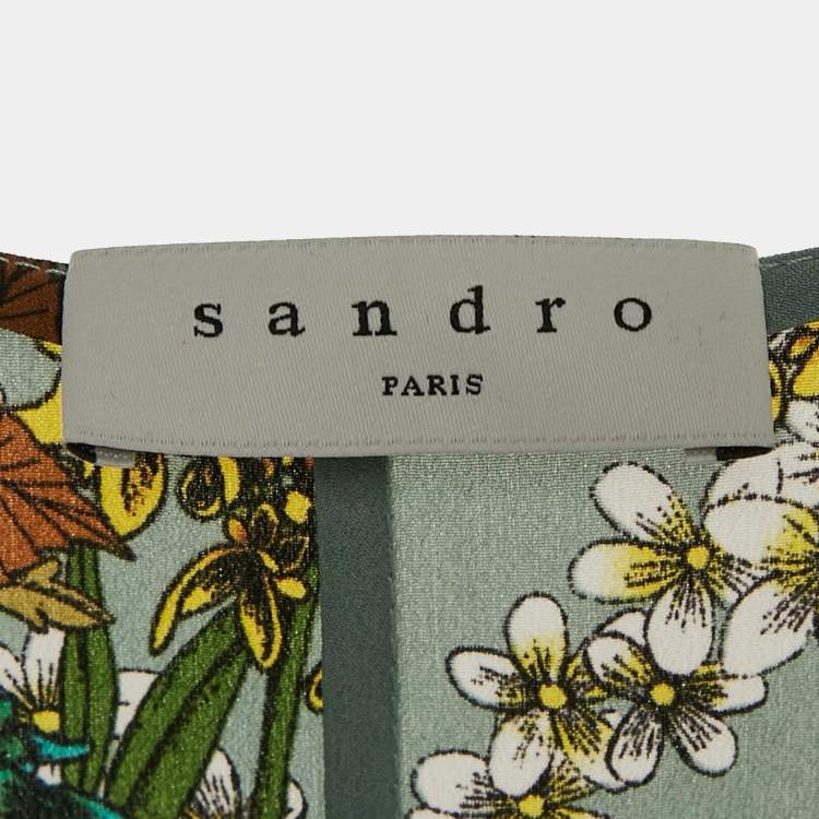 Pre Owned Sandro Green Floral Print Crepe Pleat Detail V-Neck Midi Dress M