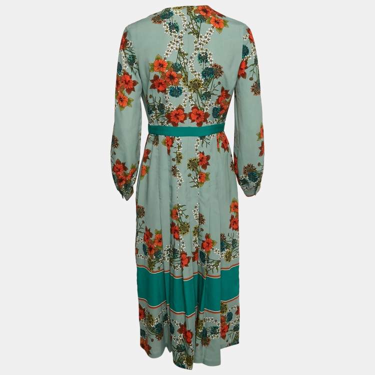 Pre Owned Sandro Green Floral Print Crepe Pleat Detail V-Neck Midi Dress M