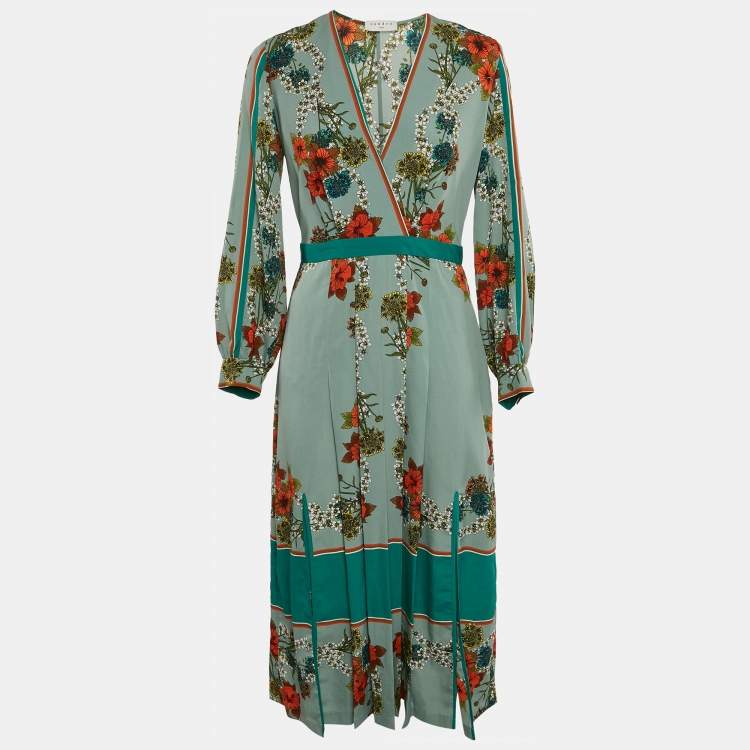 Pre Owned Sandro Green Floral Print Crepe Pleat Detail V-Neck Midi Dress M