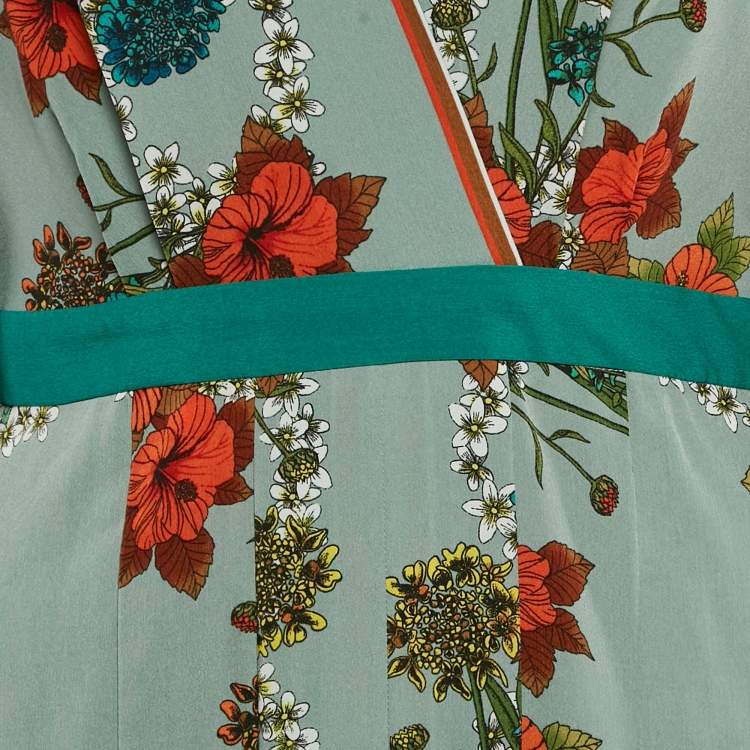 Pre Owned Sandro Green Floral Print Crepe Pleat Detail V-Neck Midi Dress M