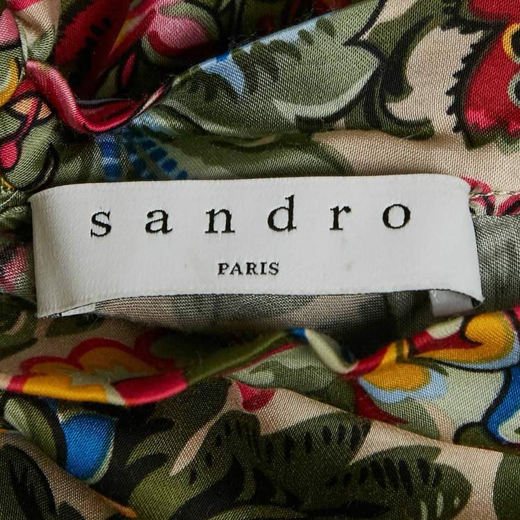 Pre Owned Sandro Multicolor Floral Print Sateen Tie-Up Neck Detail Midi Dress S