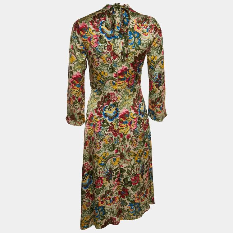 Pre Owned Sandro Multicolor Floral Print Sateen Tie-Up Neck Detail Midi Dress S