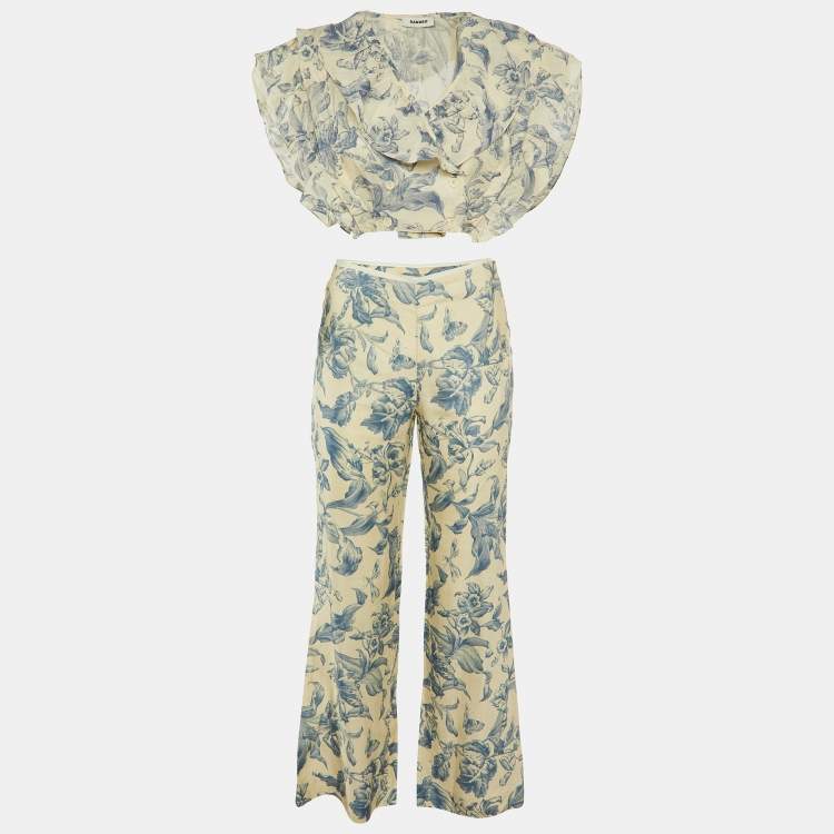 Pre Owned Sandro Cream Floral Print Linen Blend Cropped Top & Pants Set M