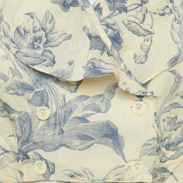 Pre Owned Sandro Cream Floral Print Linen Blend Cropped Top & Pants Set M