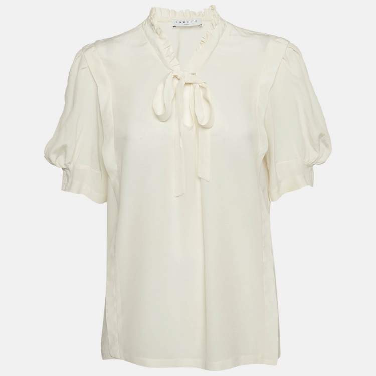 Pre Owned Sandro Off-White Silk Ruffled Tie-Up Neck Detail Blouse L