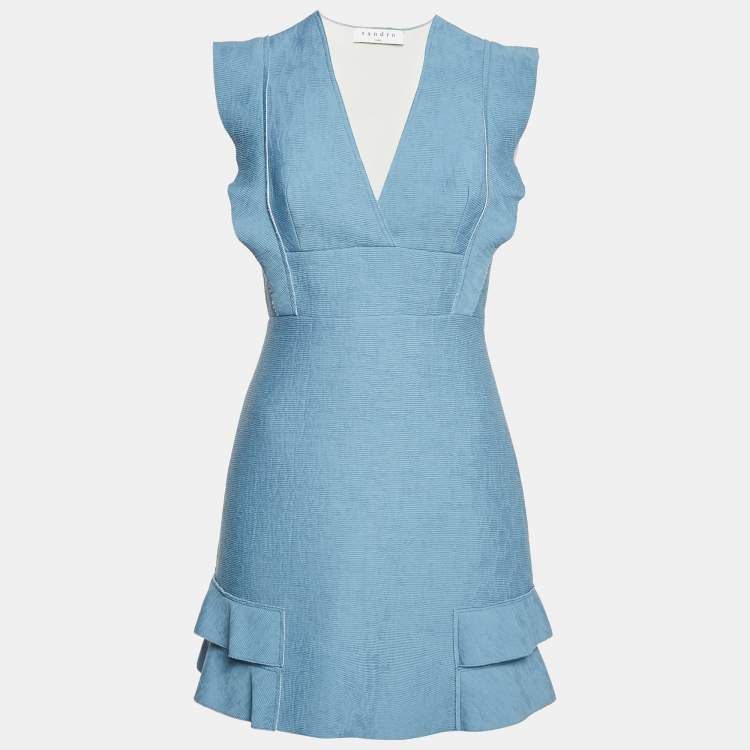 Pre Owned Sandro Blue Textured Pattern Ruffled Sleeveless Mini Dress M