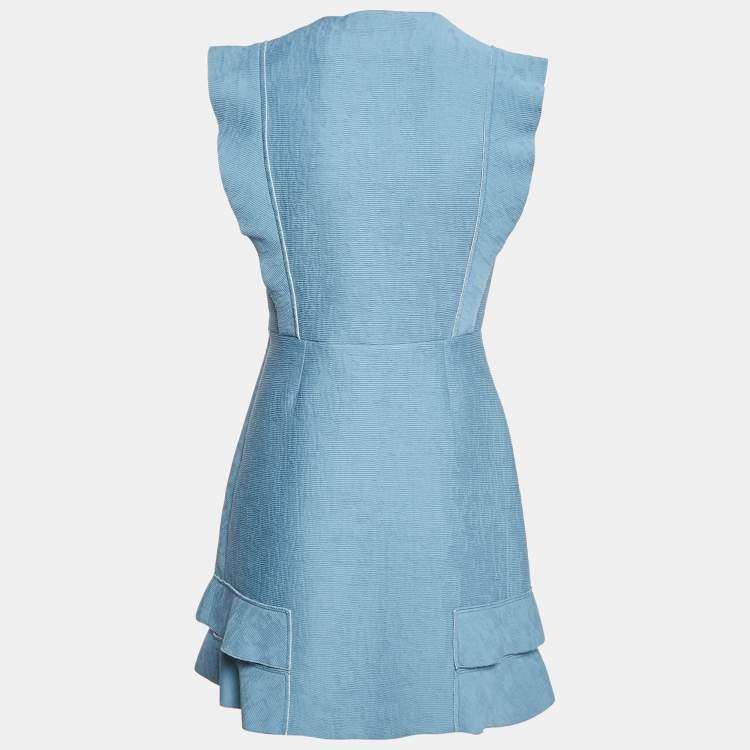 Pre Owned Sandro Blue Textured Pattern Ruffled Sleeveless Mini Dress M
