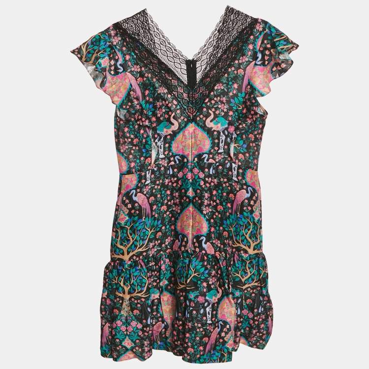 Pre Owned Sandro Multicolor Printed Ruffled Lace Trim Detail Mini Dress L
