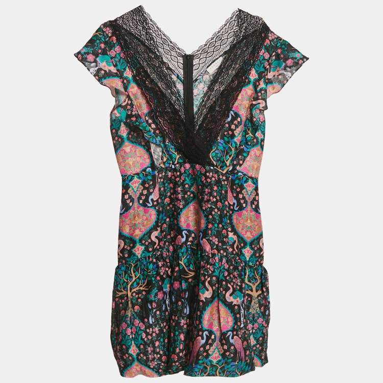 Pre Owned Sandro Multicolor Printed Ruffled Lace Trim Detail Mini Dress L