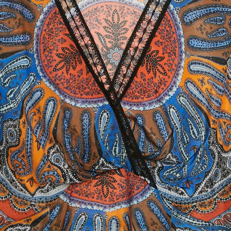 Pre Owned Sandro Blue/Orange Paisley Print Crepe and Lace Trim Mini Dress XS