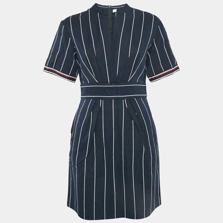 Pre Owned Sandro Blue Striped Cotton Blend Mini Dress L