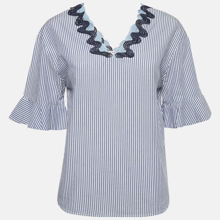 Pre Owned Sandro Blue Striped Cotton Neck Detail Blouse S
